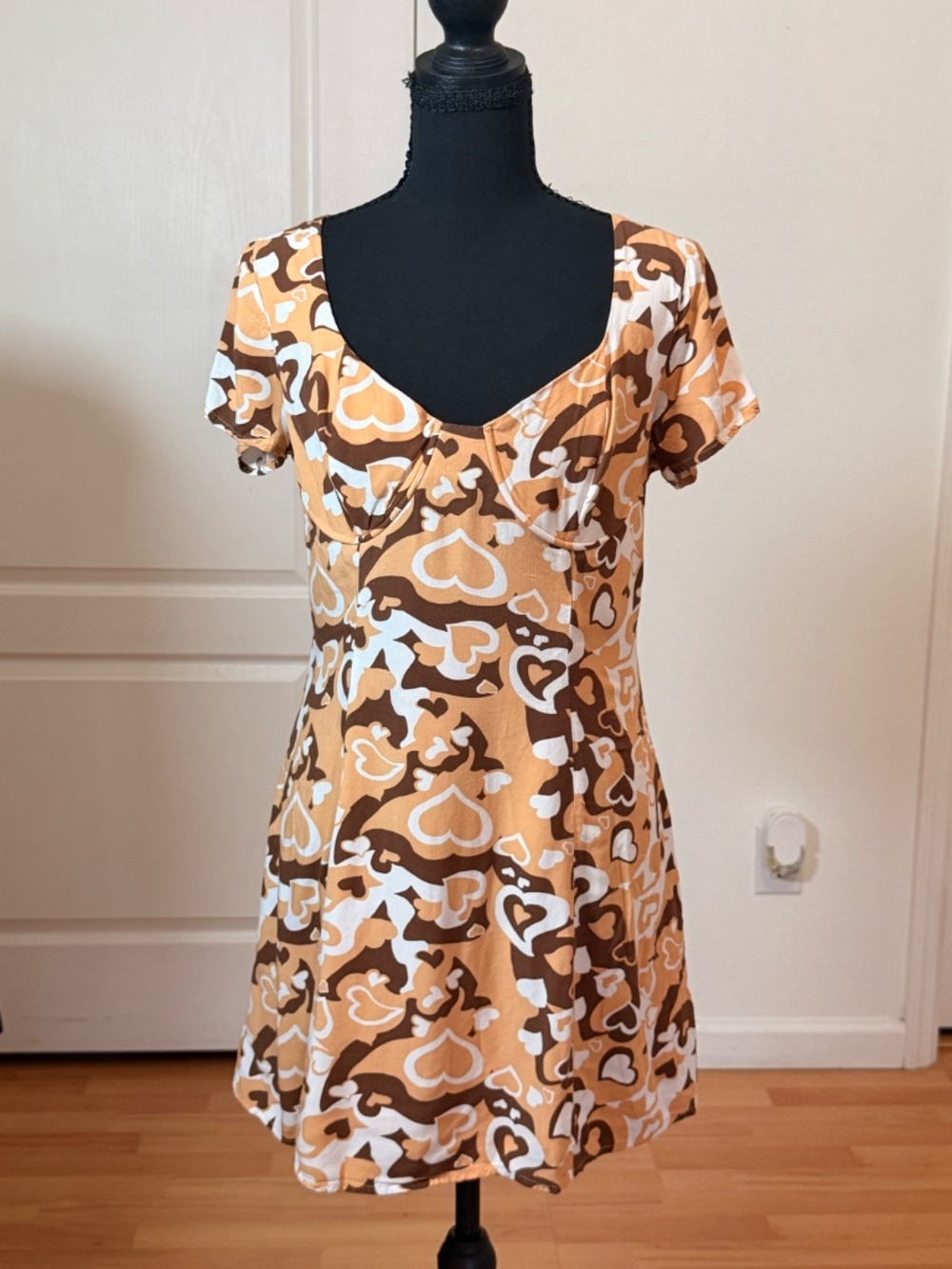 L.A. Hearts Brown Heart Print Babydoll Dress Cutout Back Sz M